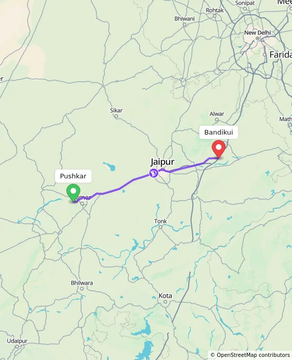 Route map showing distance and travel time from Pushkar, India to Bandikui, India