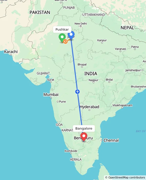 Route map showing distance and travel time from Pushkar, India to Bangalore, India