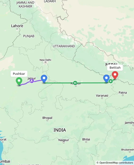 Route map showing distance and travel time from Pushkar, India to Bettiah, India