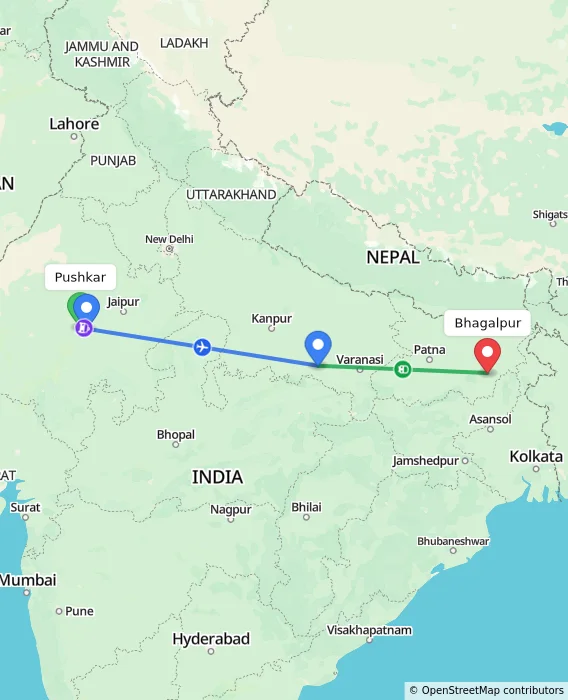 Route map showing distance and travel time from Pushkar, India to Bhagalpur, India