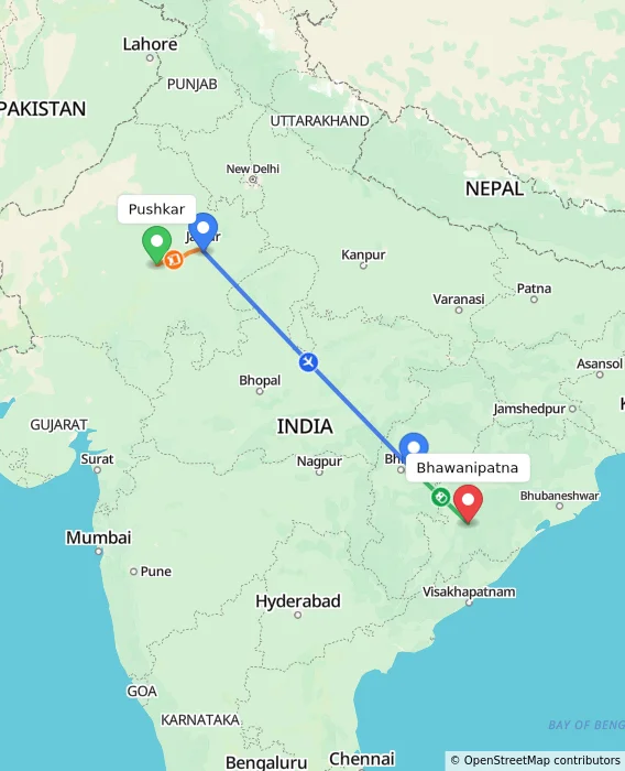 Route map showing distance and travel time from Pushkar, India to Bhawanipatna, India