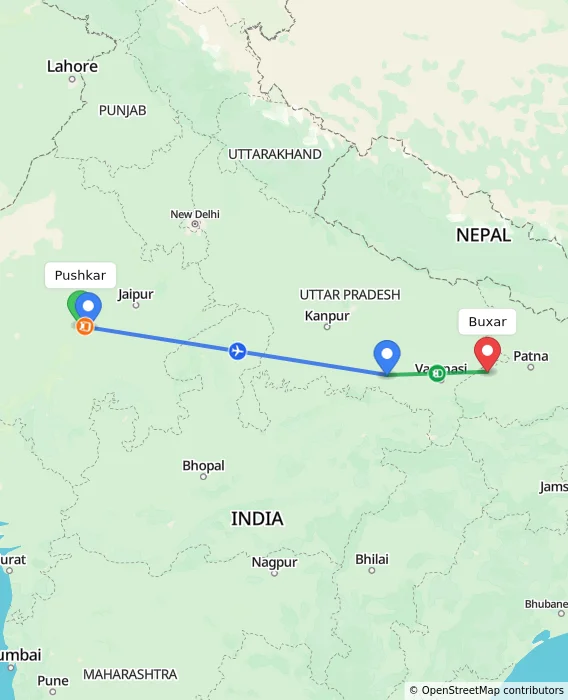 Route map showing distance and travel time from Pushkar, India to Buxar, India