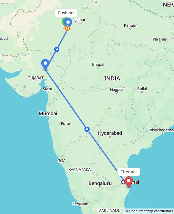 Route map showing distance and travel time from Pushkar, India to Chennai, India