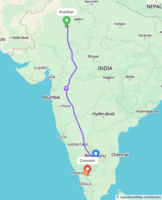Route map showing distance and travel time from Pushkar, India to Coonoor, India