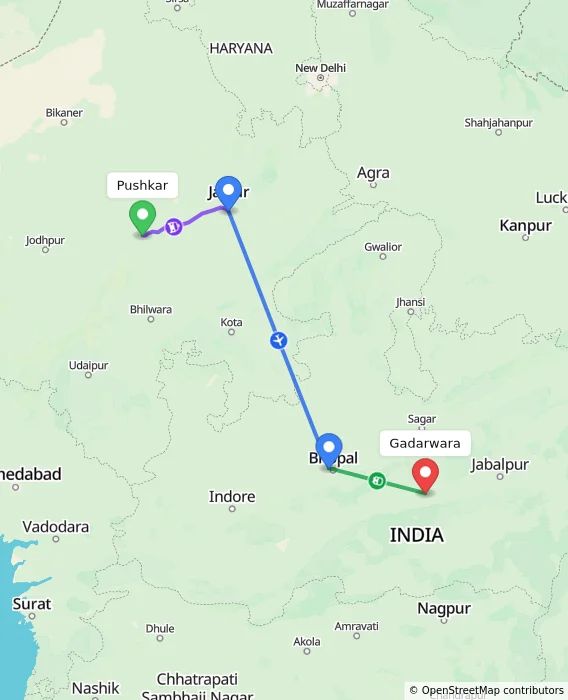 Route map showing distance and travel time from Pushkar, India to Gadarwara, India