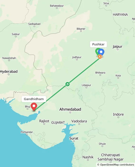 Route map showing distance and travel time from Pushkar, India to Gandhidham, India