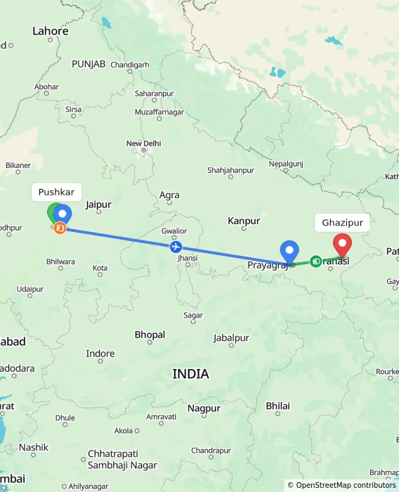 Route map showing distance and travel time from Pushkar, India to Ghazipur, India