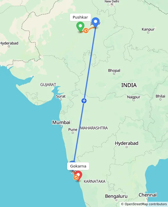 Route map showing distance and travel time from Pushkar, India to Gokarna, India