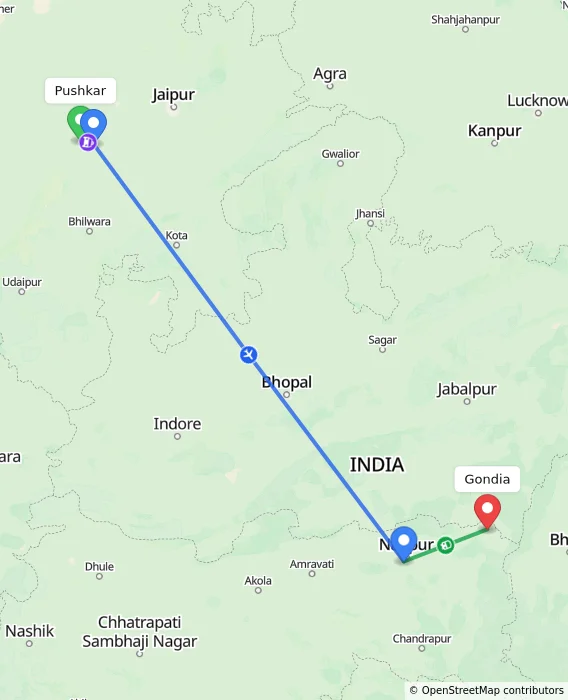 Route map showing distance and travel time from Pushkar, India to Gondia, India