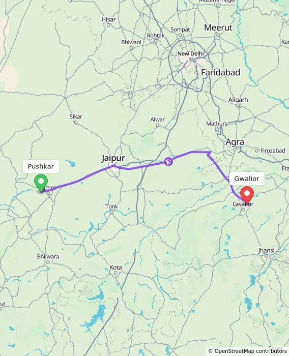 Route map showing distance and travel time from Pushkar, India to Gwalior, India