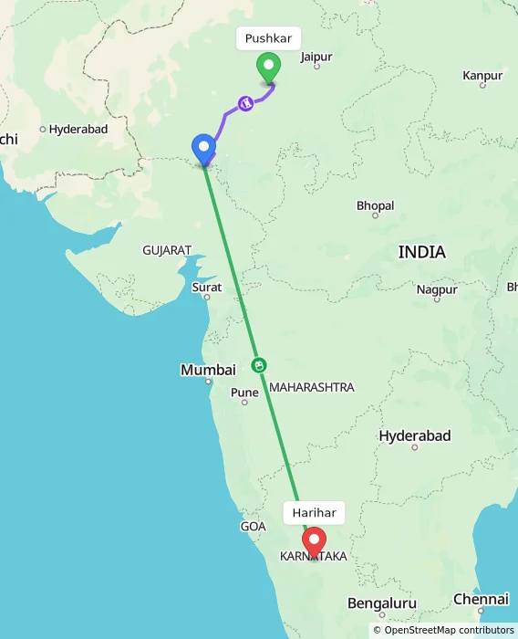 Route map showing distance and travel time from Pushkar, India to Harihar, India