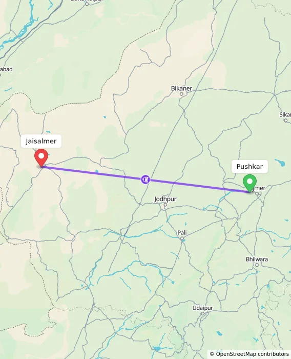 Route map showing distance and travel time from Pushkar, India to Jaisalmer, India