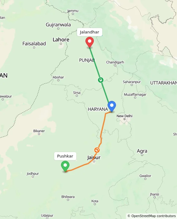 Route map showing distance and travel time from Pushkar, India to Jalandhar, India