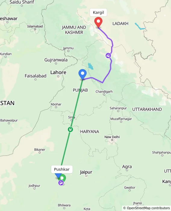 Route map showing distance and travel time from Pushkar, India to Kargil, India