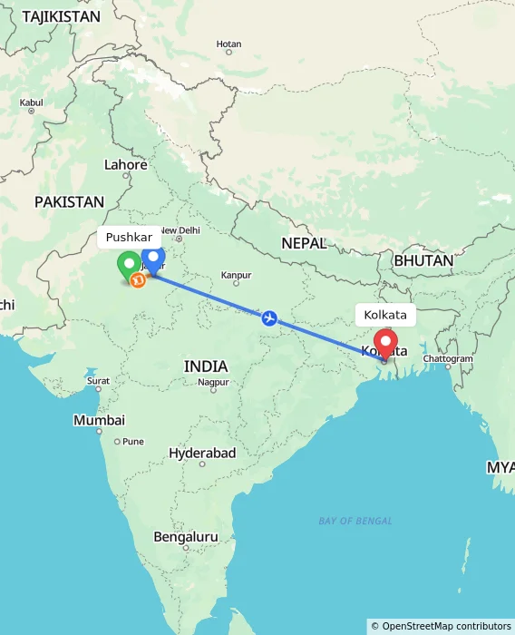 Route map showing distance and travel time from Pushkar, India to Kolkata, India