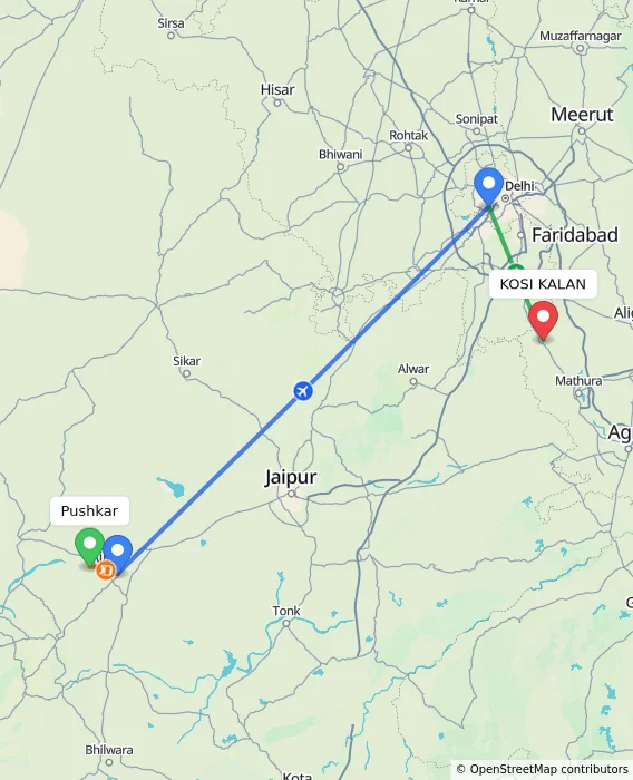 Route map showing distance and travel time from Pushkar, India to KOSI KALAN, India