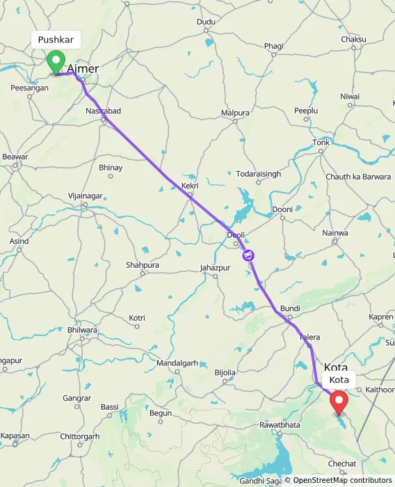 Route map showing distance and travel time from Pushkar, India to Kota, India