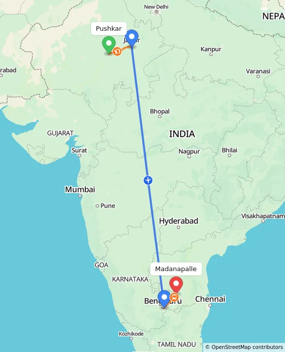 Route map showing distance and travel time from Pushkar, India to Madanapalle, India