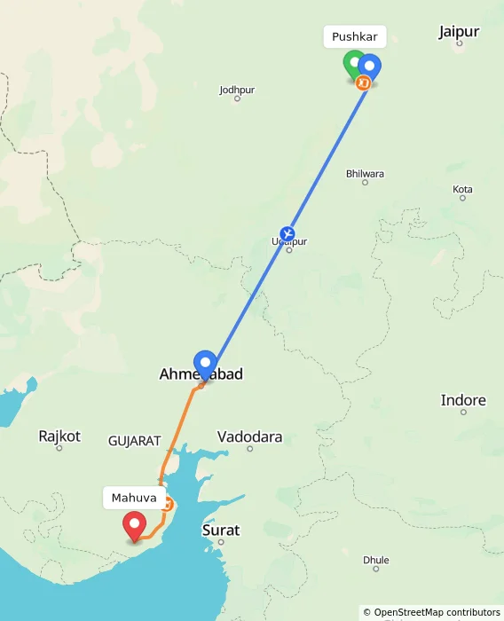 Route map showing distance and travel time from Pushkar, India to Mahuva, India