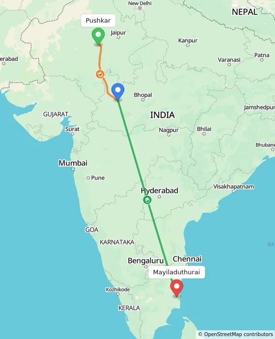 Route map showing distance and travel time from Pushkar, India to Mayiladuthurai, India