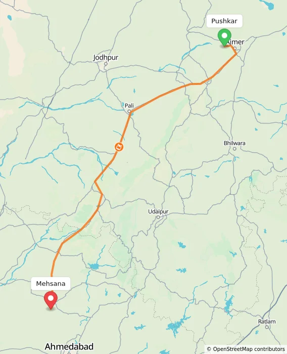 Route map showing distance and travel time from Pushkar, India to Mehsana, India