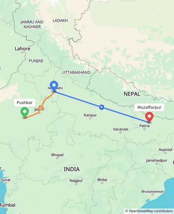 Route map showing distance and travel time from Pushkar, India to Muzaffarpur, India