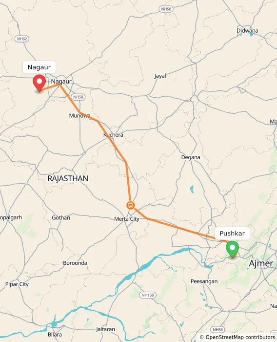 Route map showing distance and travel time from Pushkar, India to Nagaur, India