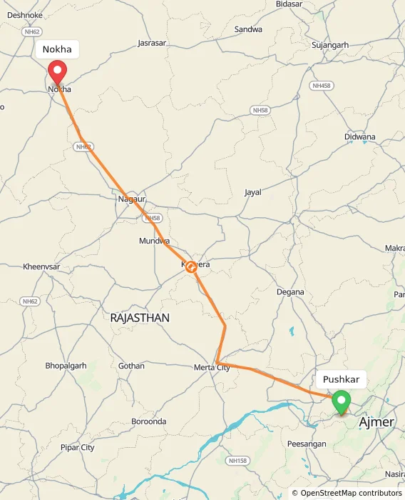 Route map showing distance and travel time from Pushkar, India to Nokha, India