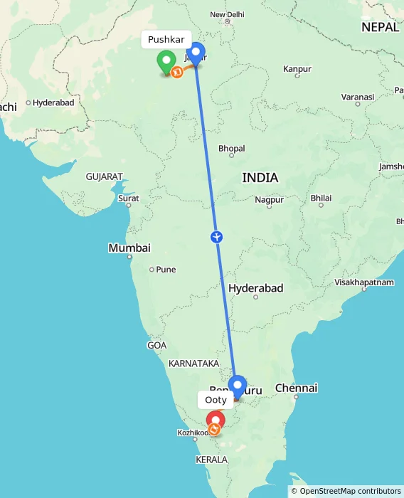 Route map showing distance and travel time from Pushkar, India to Ooty, India