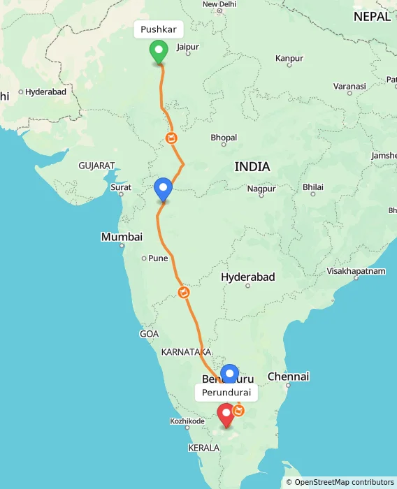 Route map showing distance and travel time from Pushkar, India to Perundurai, India