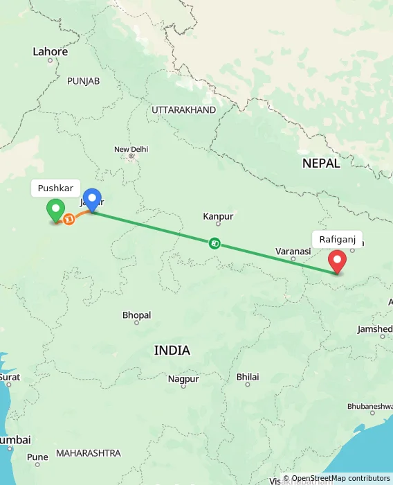 Route map showing distance and travel time from Pushkar, India to Rafiganj, India