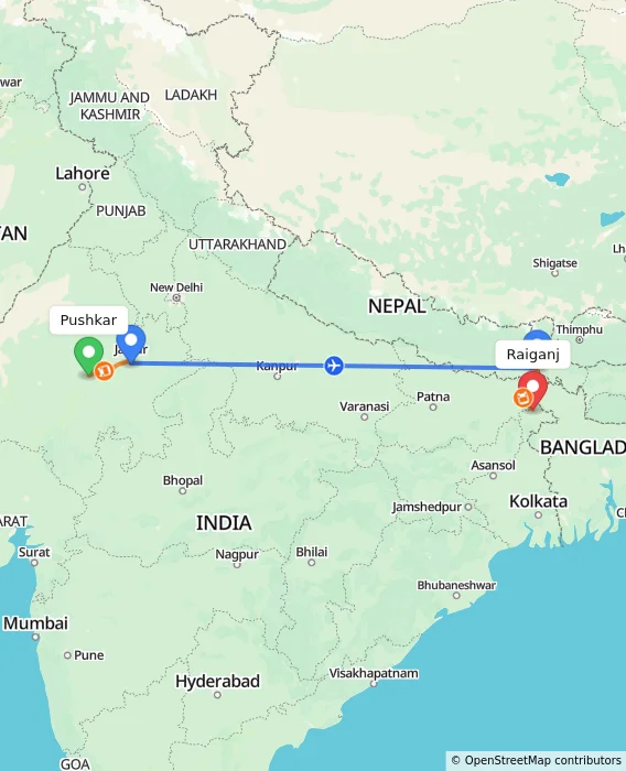 Route map showing distance and travel time from Pushkar, India to Raiganj, India