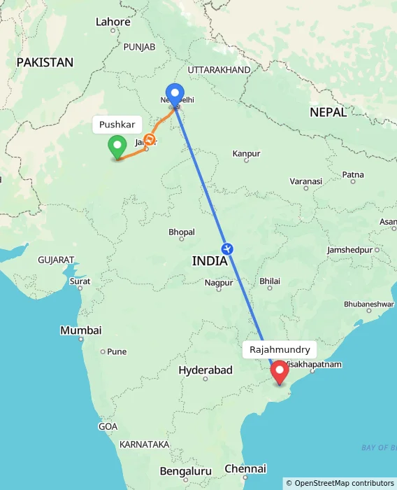 Route map showing distance and travel time from Pushkar, India to Rajahmundry, India