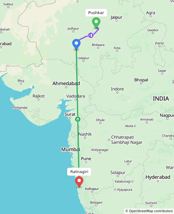 Route map showing distance and travel time from Pushkar, India to Ratnagiri, India