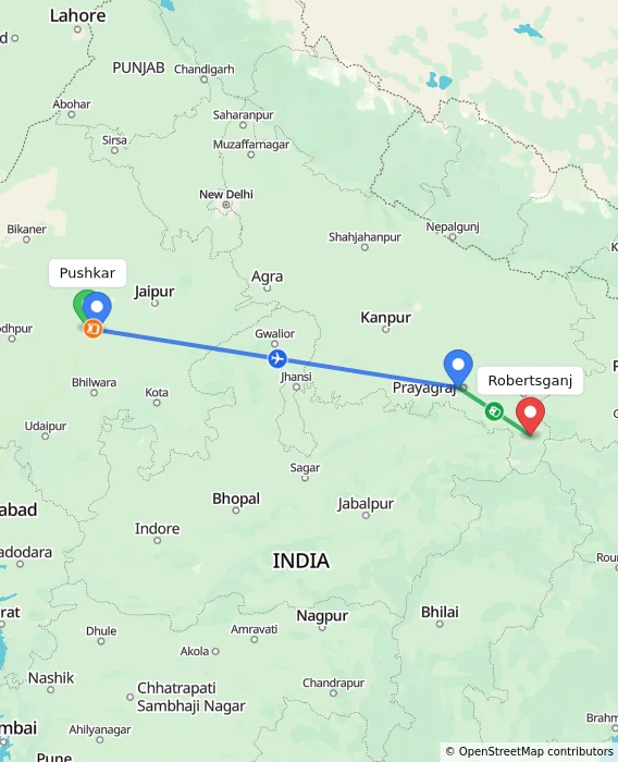 Route map showing distance and travel time from Pushkar, India to Robertsganj, India