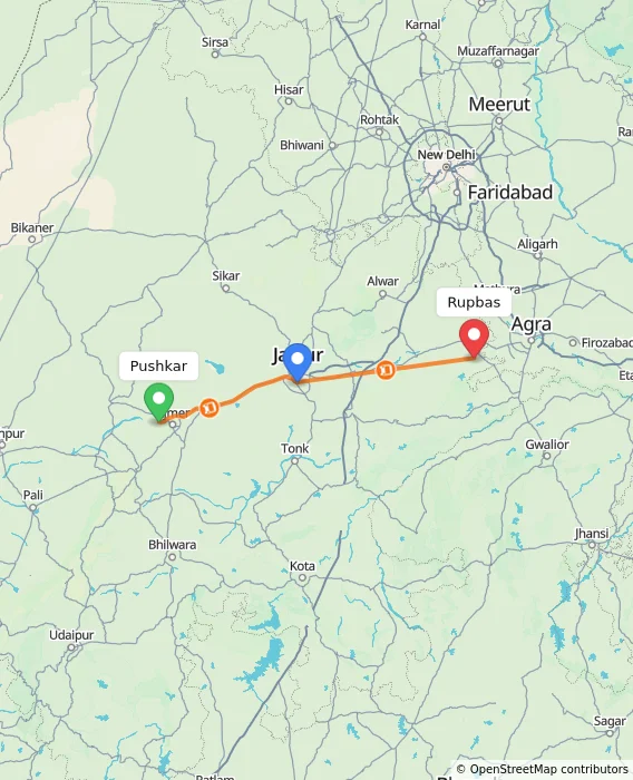 Route map showing distance and travel time from Pushkar, India to Rupbas, India