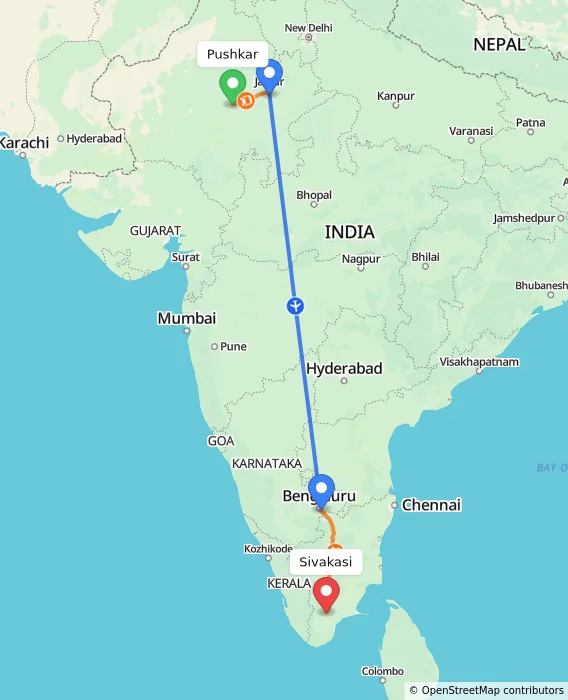 Route map showing distance and travel time from Pushkar, India to Sivakasi, India