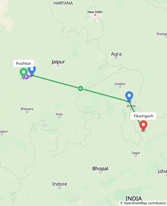 Route map showing distance and travel time from Pushkar, India to Tikamgarh, India