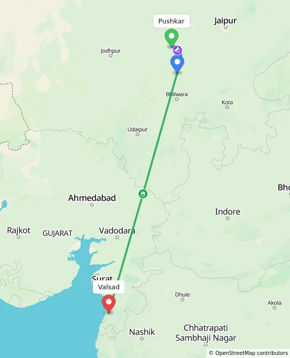 Route map showing distance and travel time from Pushkar, India to Valsad, India