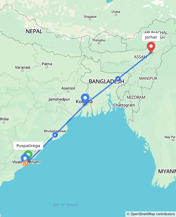 Route map showing distance and travel time from Puspatirega, India to Jorhat, India