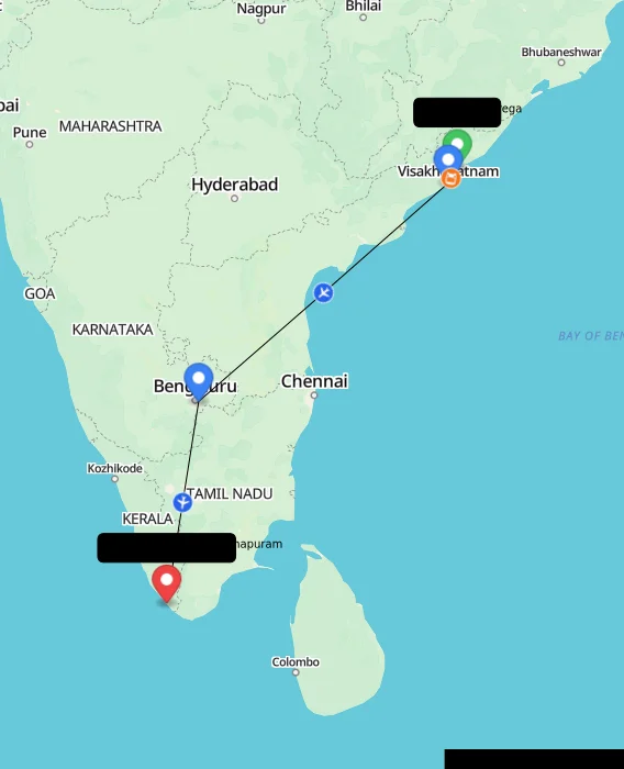 Route map showing distance and travel time from Puspatirega, India to Thiruvananthapuram, India