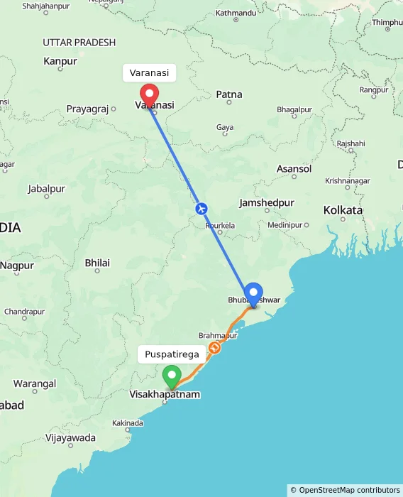 Route map showing distance and travel time from Puspatirega, India to Varanasi, India