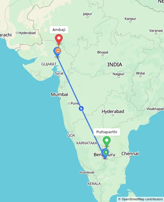 Route map showing distance and travel time from Puttaparthi, India to Ambaji, India