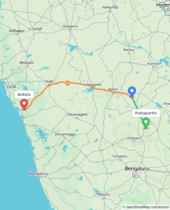 Route map showing distance and travel time from Puttaparthi, India to Ankola, India