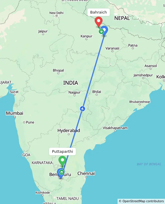 Route map showing distance and travel time from Puttaparthi, India to Bahraich, India