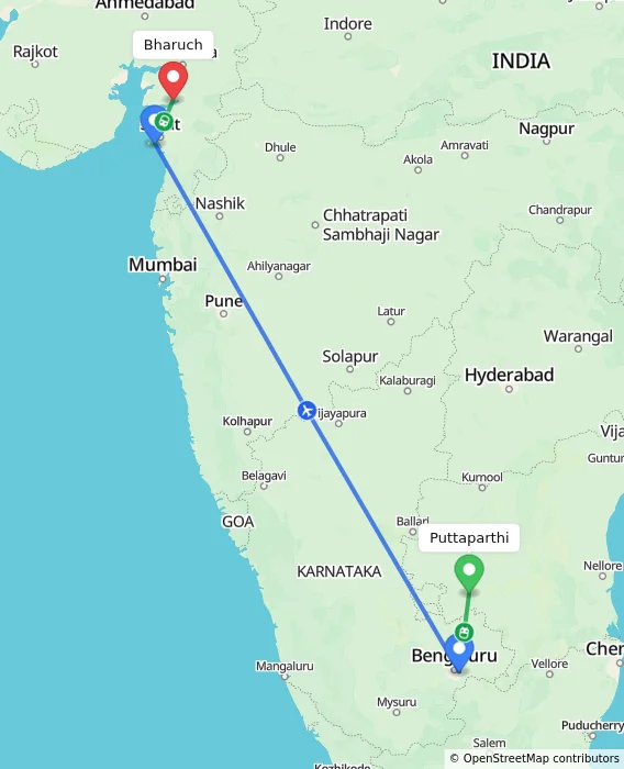 Route map showing distance and travel time from Puttaparthi, India to Bharuch, India