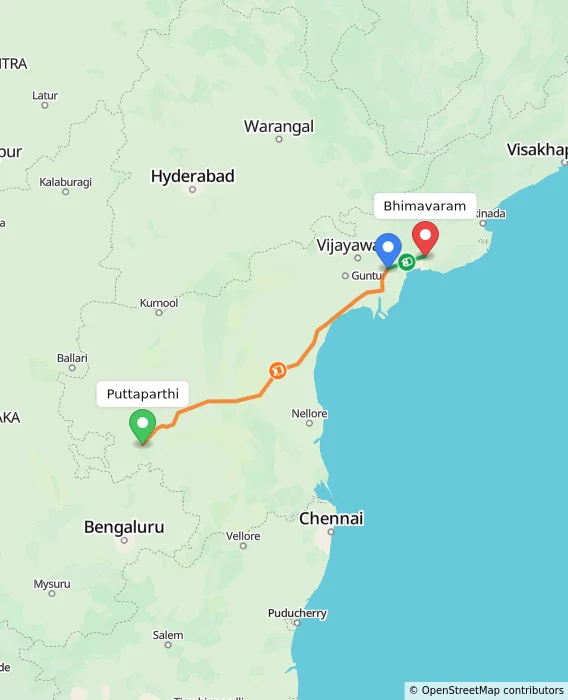 Route map showing distance and travel time from Puttaparthi, India to Bhimavaram, India