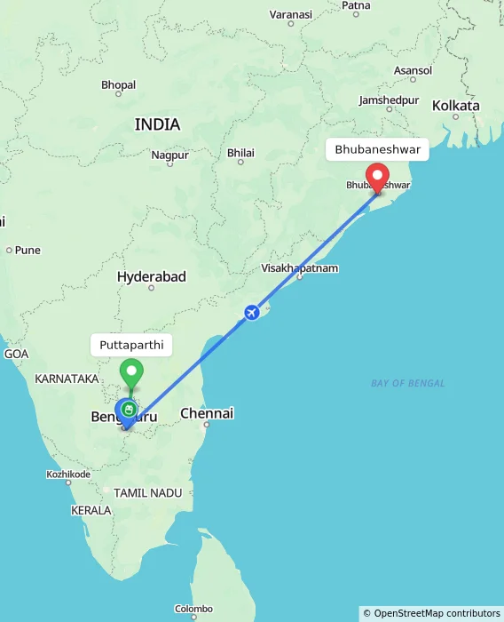 Route map showing distance and travel time from Puttaparthi, India to Bhubaneshwar, India