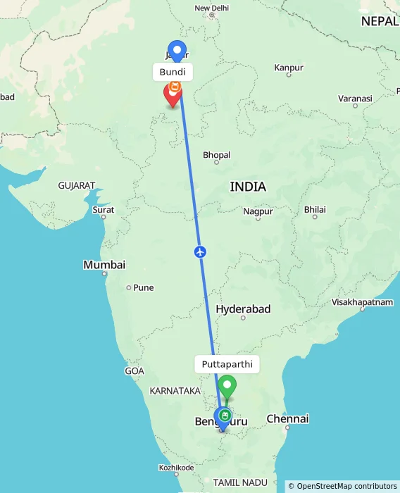 Route map showing distance and travel time from Puttaparthi, India to Bundi, India