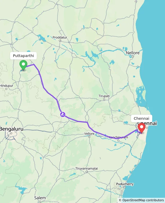 Route map showing distance and travel time from Puttaparthi, India to Chennai, India